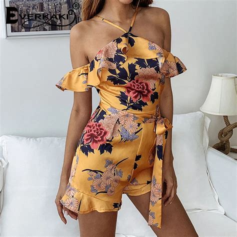 Everkaki Ruffles Floral Print Boho Playsuits Rompers Women Halter Off