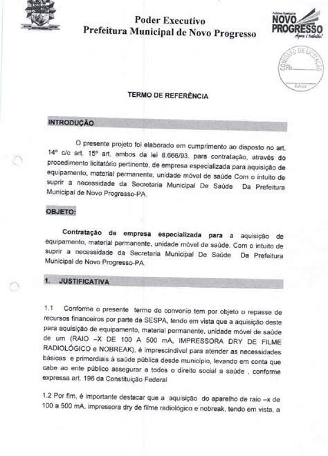 TERMO DE REFERENCIA Prefeitura Municipal de Novo Progresso Gestão