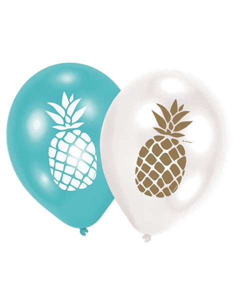 6 Ballons en latex Ananas doré bleu et blanc 28 cm Vegaooparty