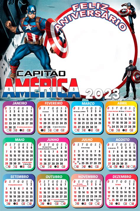 Calendário 2023 Feliz Aniversário Capitão América Moldura Colagem De