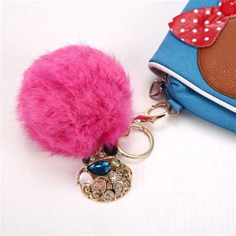 AutumnFall Rabbit Fur Ball Rhinestone Keychain Bag Plush Key Ring Car