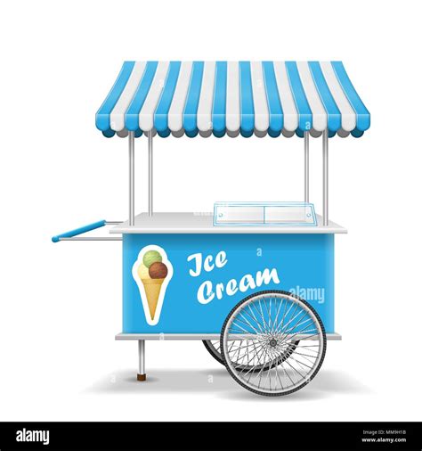 Realistic street food cart with wheels. Mobile blue ice cream market stall template. Ice cream ...