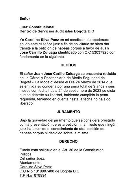 Civil habeas corpus Señor Juez Constitucional Centro de Servicios