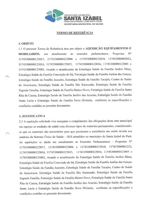 TERMO DE REFERÊNCIA EQUIPAMENTOS Prefeitura Municipal de Santa Izabel