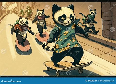 Panda Riding A Skateboard Being Chased By A Group Of Ninja Cats