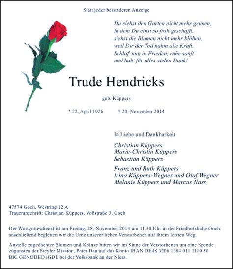 Alle Traueranzeigen F R Trude Hendricks Trauer Rp Online De