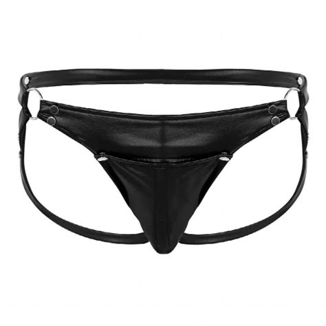 Mens Underwear Sexy Panties Faux Leather Erotic Lingerie Sexy Open Butt Press Button Bulge Pouch