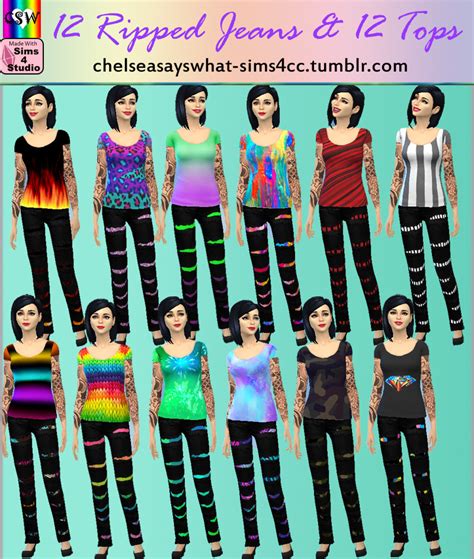 12 Ripped Jeans With Pattern And 12 Matching Tops ♡chelseasayswhat♡ Sims 4 Custom Content