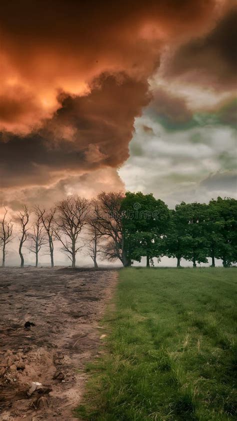 Harsh Desert Meets Vibrant Meadow, Separated by Trees Under Fiery Sky ...