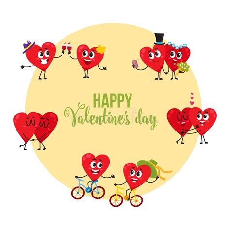 Valentine Day Greeting Card With Couples Of Loving Heart Characters