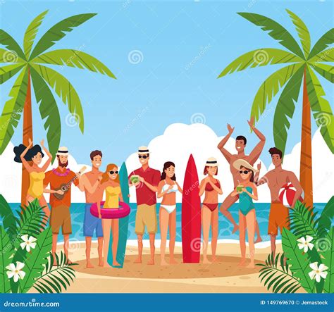 Summer Beach And People In Vacations Cartoons Stock Vector