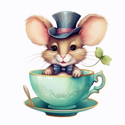 Premium Ai Image Cartoon Mouse In A Teacup With A Shamrock Generative Ai