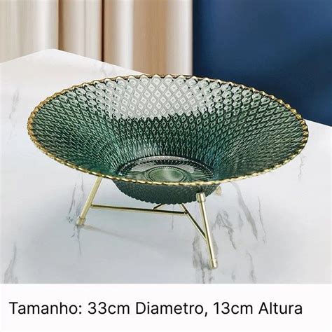 Bandeja Fruteira De Vidro Estrutura De Metal Dourada Verde 33 CM