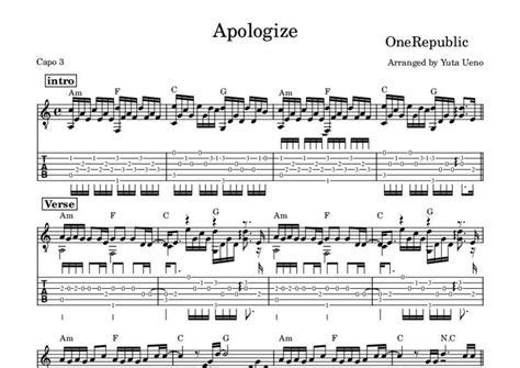 Apologize Onerepublic Fingerstyle Guitar Tab Yuta Ueno
