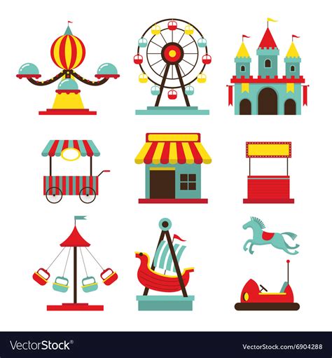 Amusement Park Objects Flat Icons Set Royalty Free Vector