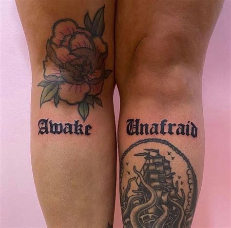 Two People With Tattoos On Their Legs That Say Anafraid And An Octopus