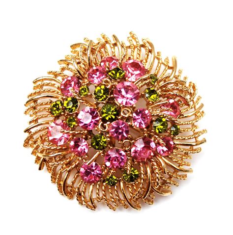 Lisner Pink Green Rhinestone Brooch Gold Tone Flower Leaf Mid Etsy