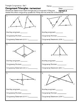 Triangle Congruence Sss Sas Hl Asa Aas Partner Worksheet