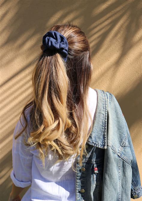 Navy Blue Linen Scrunchie Half Up Hairstyle Scrunchie Hairstyles 90s