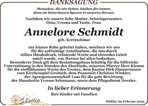 Traueranzeigen Von Annelore Schmidt Trauer Anzeigen De