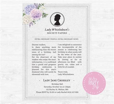 Bridgerton Lady Whistledown Society Papers Birthday Invitation Etsy