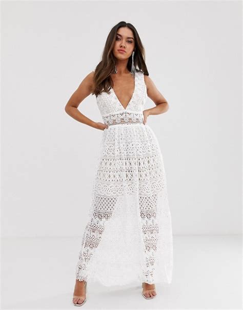 Love Triangle Plunge Front Delicate Lace Maxi Dress In White Asos