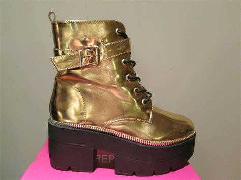 Gold Metallic Platform Combat Ankle Boots Goth Festival Rave Size 10 Boots Metallic Platform