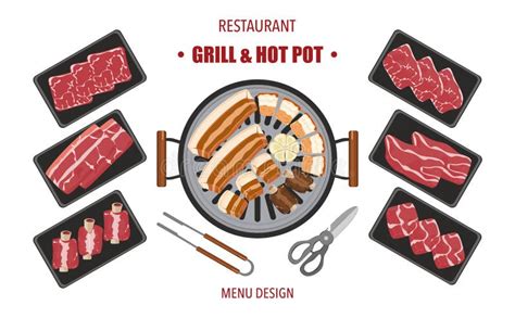 Vector Set Of Grilled Food Shabu Hot Pot And Various Spices The Vegetables Are Grilled In