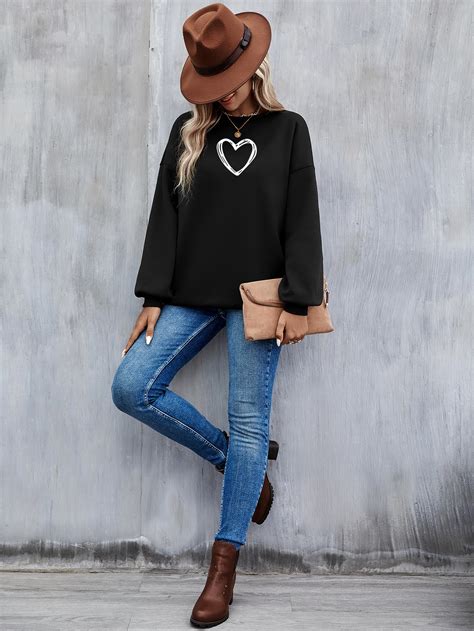 Shein Lune Heart Print Drop Shoulder Sweatshirt Shein Uk