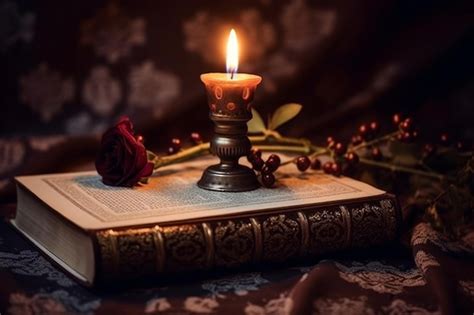 Premium Ai Image A Book With A Candle On It And A Red Rose On The Bottom
