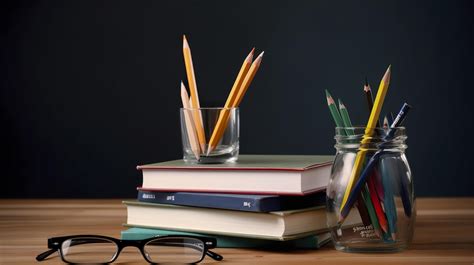 Free Photo Stack Of Books With Pencil Holder And Glasses Against A Chalkboard Generate Ai