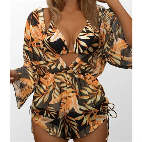 Long Sleeved Mesh Swimsuit Womens High Waist Printed Drawstring Three Piece Bikini Fitness