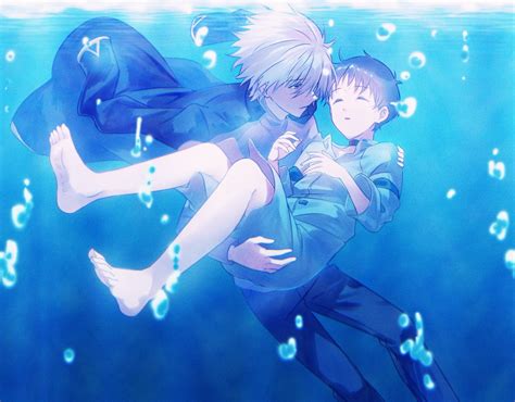 Ikari Shinji Nagisa Kaworu 2boys Multiple Boys Male Focus Red Eyes Blue Eyes Brown Hair Heart