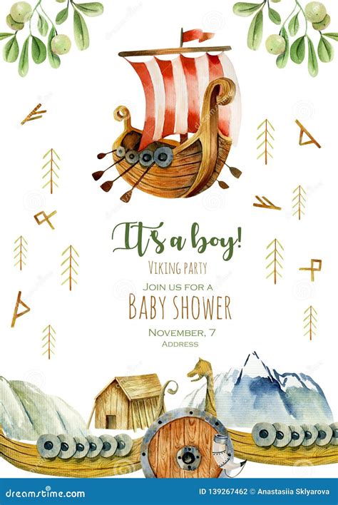 Baby Shower Invitation Card with Watercolor Elements of Viking Culture Stock Illustration ...