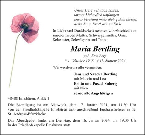 Traueranzeigen Von Maria Bertling Noz Trauerportal