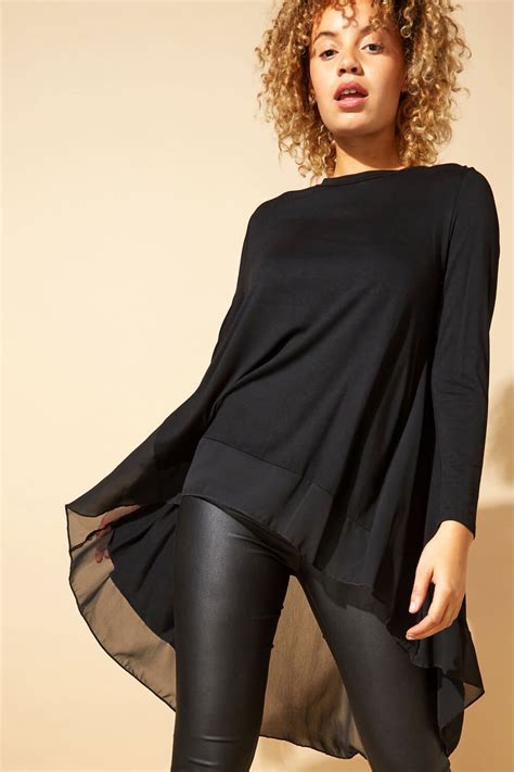 Chiffon Detail Dipped Hem Top In Black Roman Originals Uk