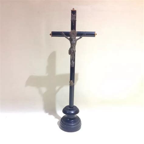 Ancien Crucifix D Autel Sur Pied En Bois Noir Et Jesus En Laiton Style