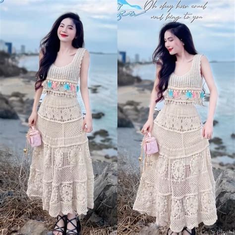 Bán sỉ Set bikini chân váy dài xoè rộng mix áo dây croptop quả bông thời trang đi biển