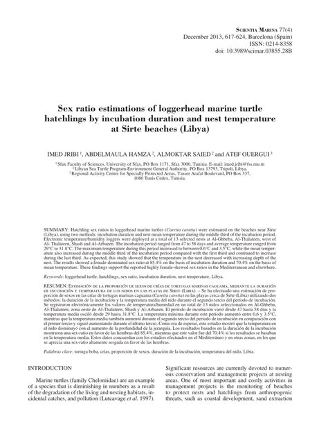 PDF Sex Ratio Estimations Of Loggerhead Marine Turtle Hatchlings By Incubation Duration And