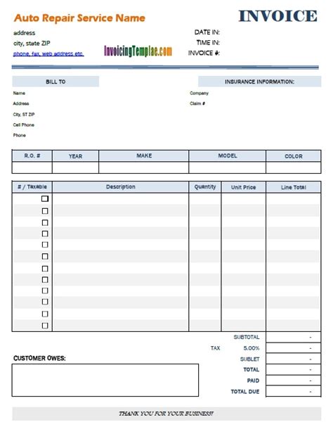 Free Sample Auto Repair Estimate Templates Printable Samples