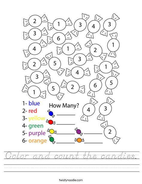 Color And Count The Candies Worksheet Dnealian Twisty Noodle