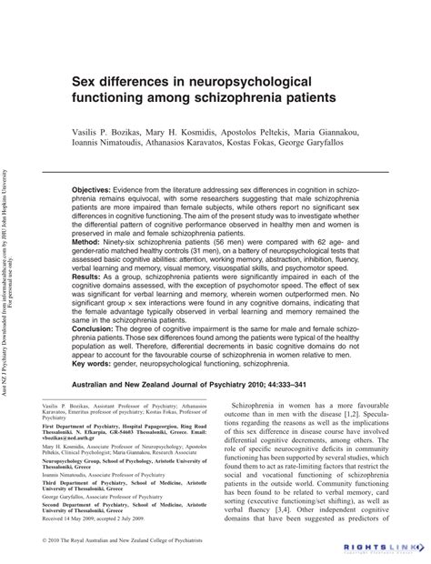 Pdf Sex Differences In Neuropsychological Functioning Among Schizophrenia Patients