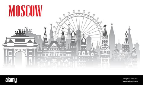 Panoramic Moscow Skyline Travel Illustration With Main Architectural Landmarks Worldwide