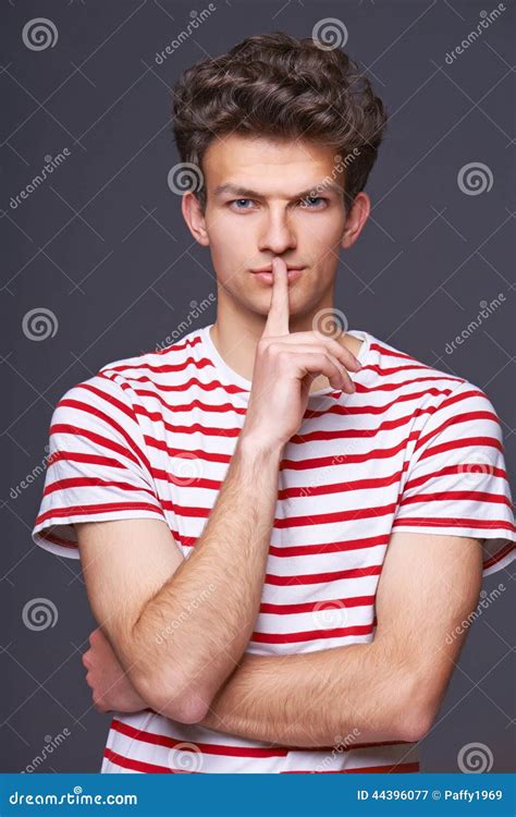 Hush Young Serious Sullen Man With Finger On Lips Stock Image Image