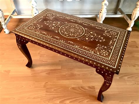 Vintage Anglo Indian Inlaid Wood Table Wood Bone Inlay Coffee Etsy