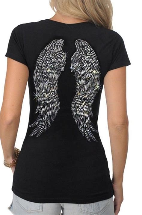 Womens Rhinestone Jeweled Back Silver Angel Wings T Shirt