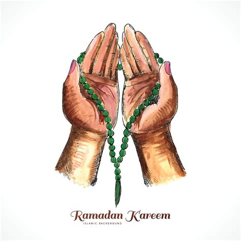 Muslim Man Hands Praying Holding Rosary Ramadan Kareem Card Design