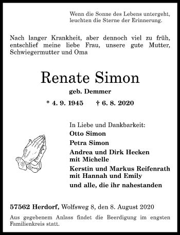 Traueranzeigen Von Renate Simon Rz Trauer De