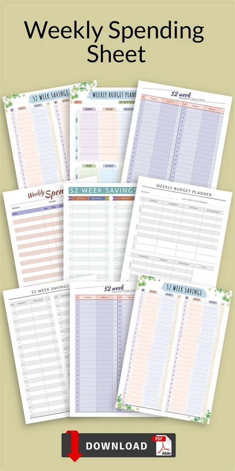 The Printable Weekly Spending Sheet Is Shown In Four Different Colors