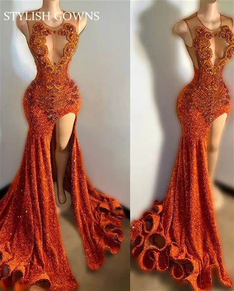 Orange Sheer O Neck Long Prom Dress For Black Girls Beaded Crystal